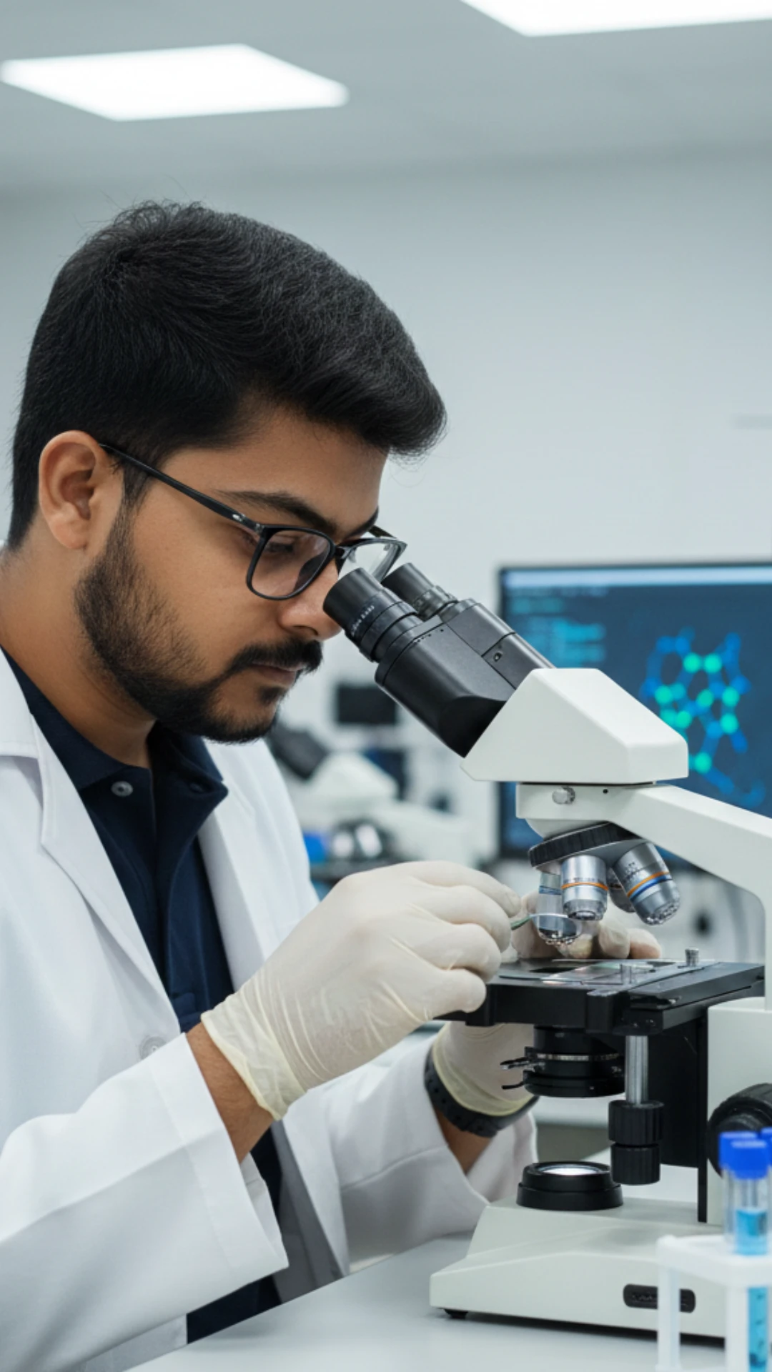 A researcher looking at a sample in a lab